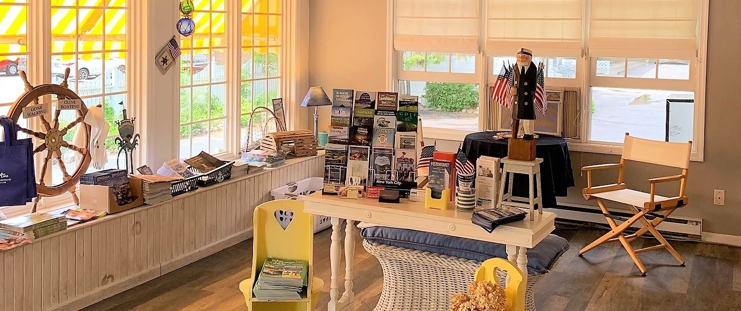 Lobby with brochures on desk and bench